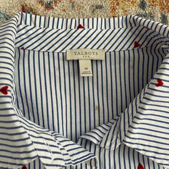 Talbots blue and white striped button down with embroidered hearts - Picture 2 of 5